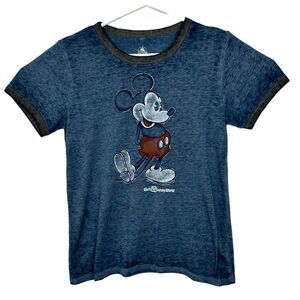 Walt Disney World Mickey Mouse Ringer T-Shirt Semi-Sheer Womens Size Small Blue
